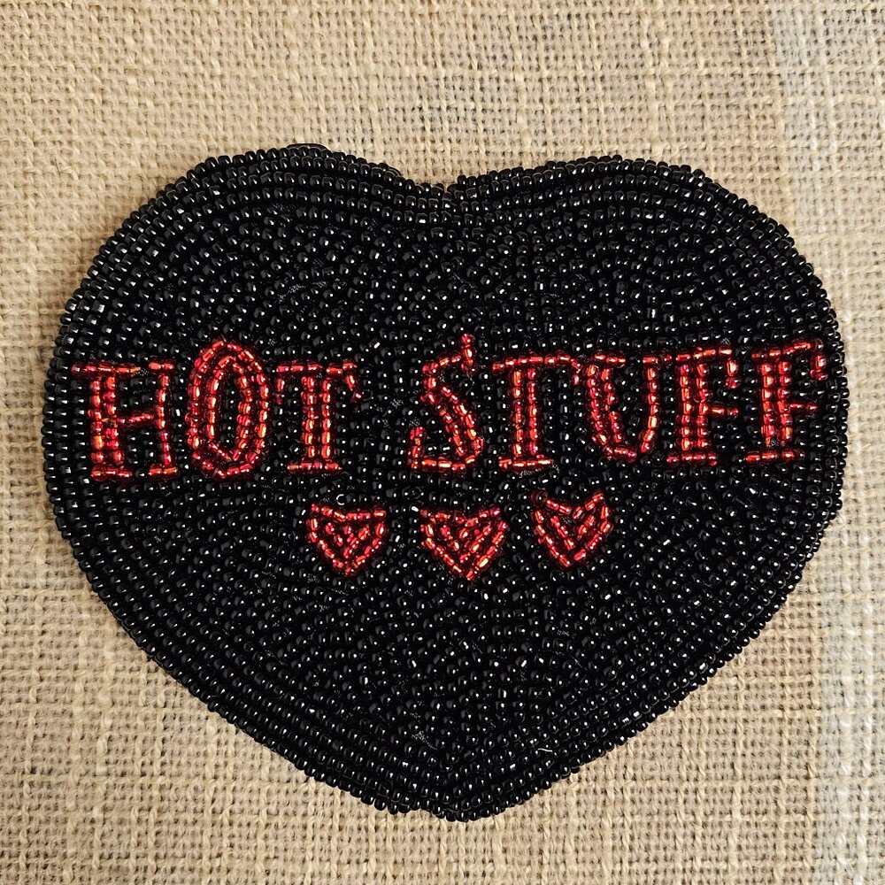 y2k McBling Baddie Goth "Hot Stuff" Black & Red Beaded Heart Shaped Coin Purse